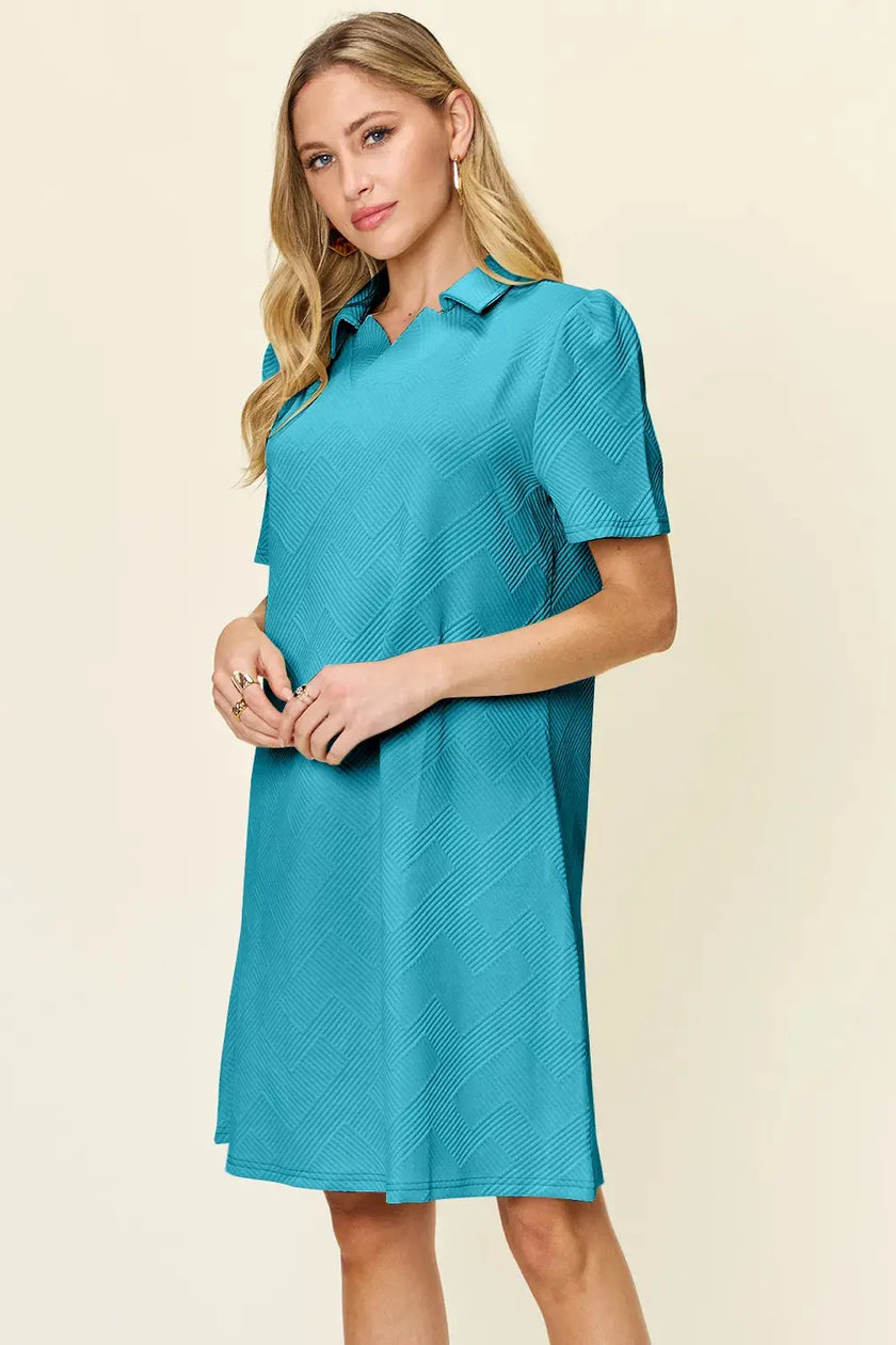 Double Take Full Size Texture Collared Neck Short Sleeve Dress  Style Ratio