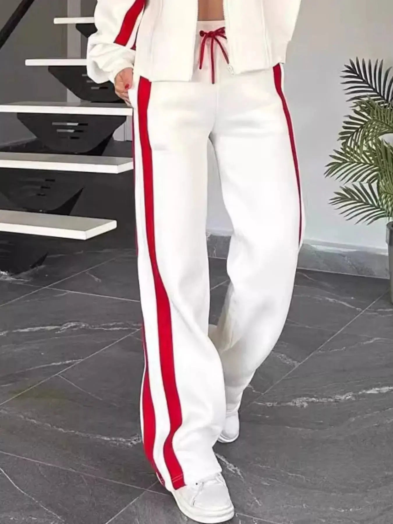 Full Size Contrast Stripe Zip Up Jacket and Pants Set  Style Ratio