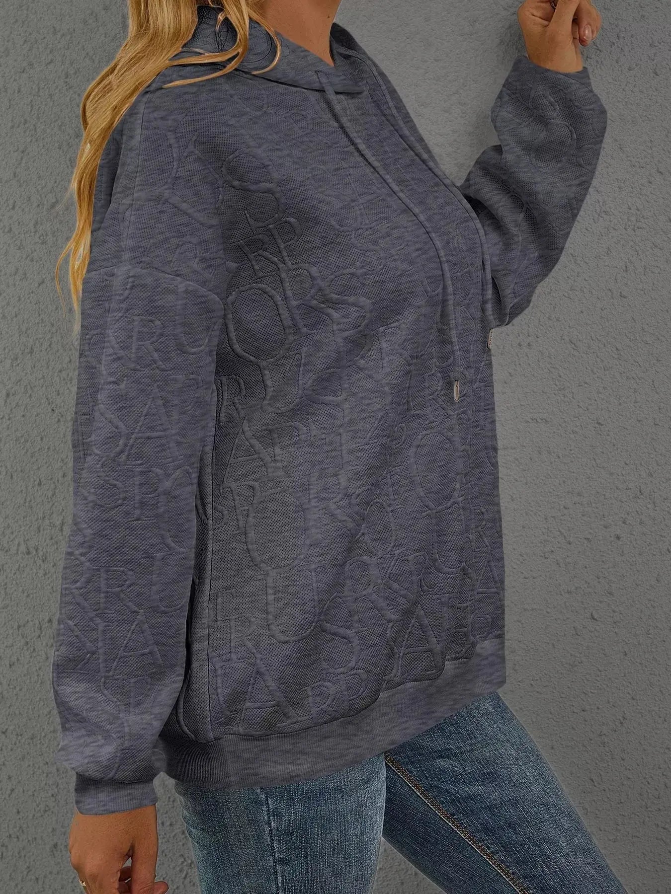 Full Size Embossed Lettering Casual Hoodie  Style Ratio