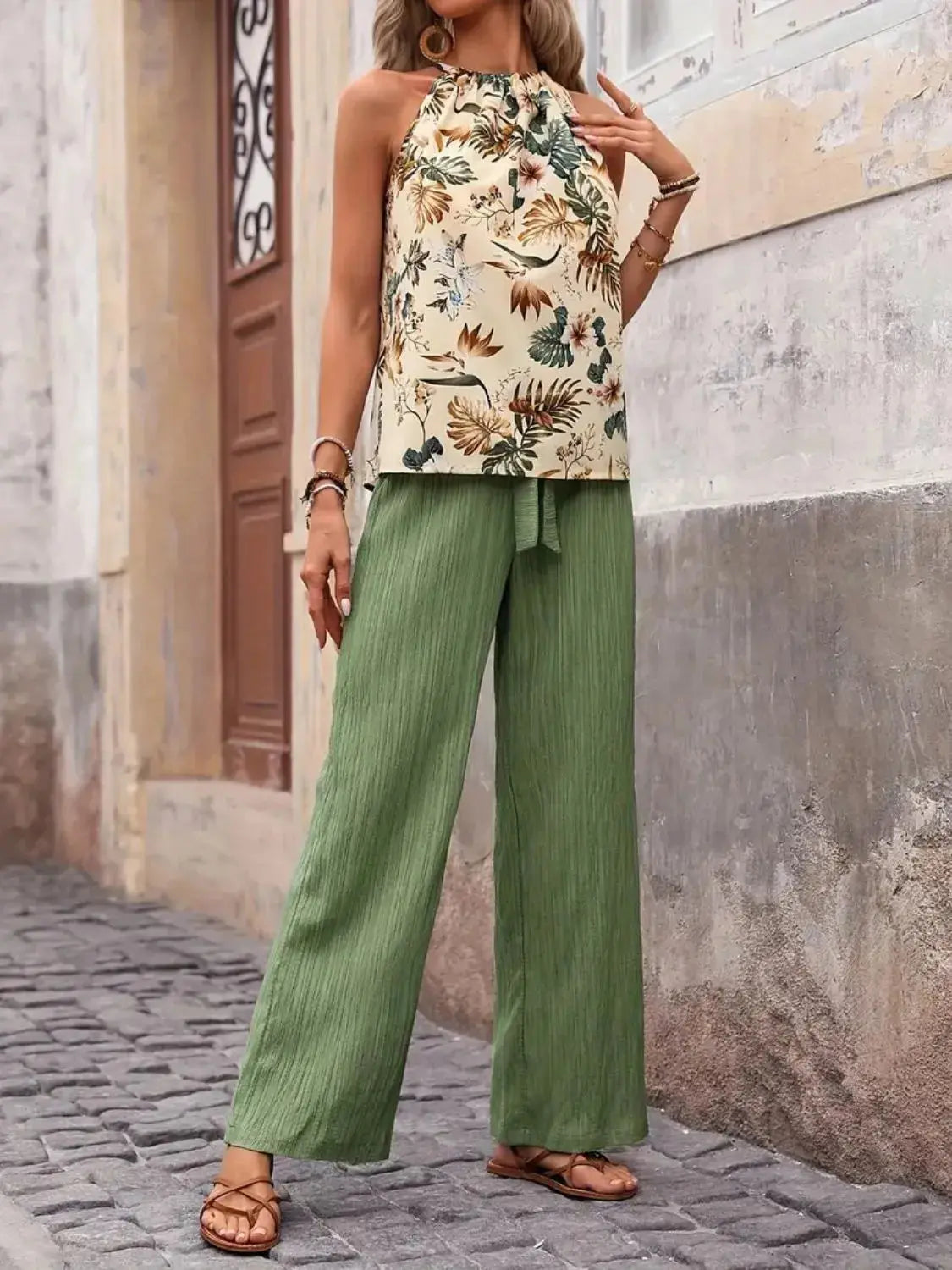 Printed Tank Top and Wide Leg Pants Set  Style Ratio