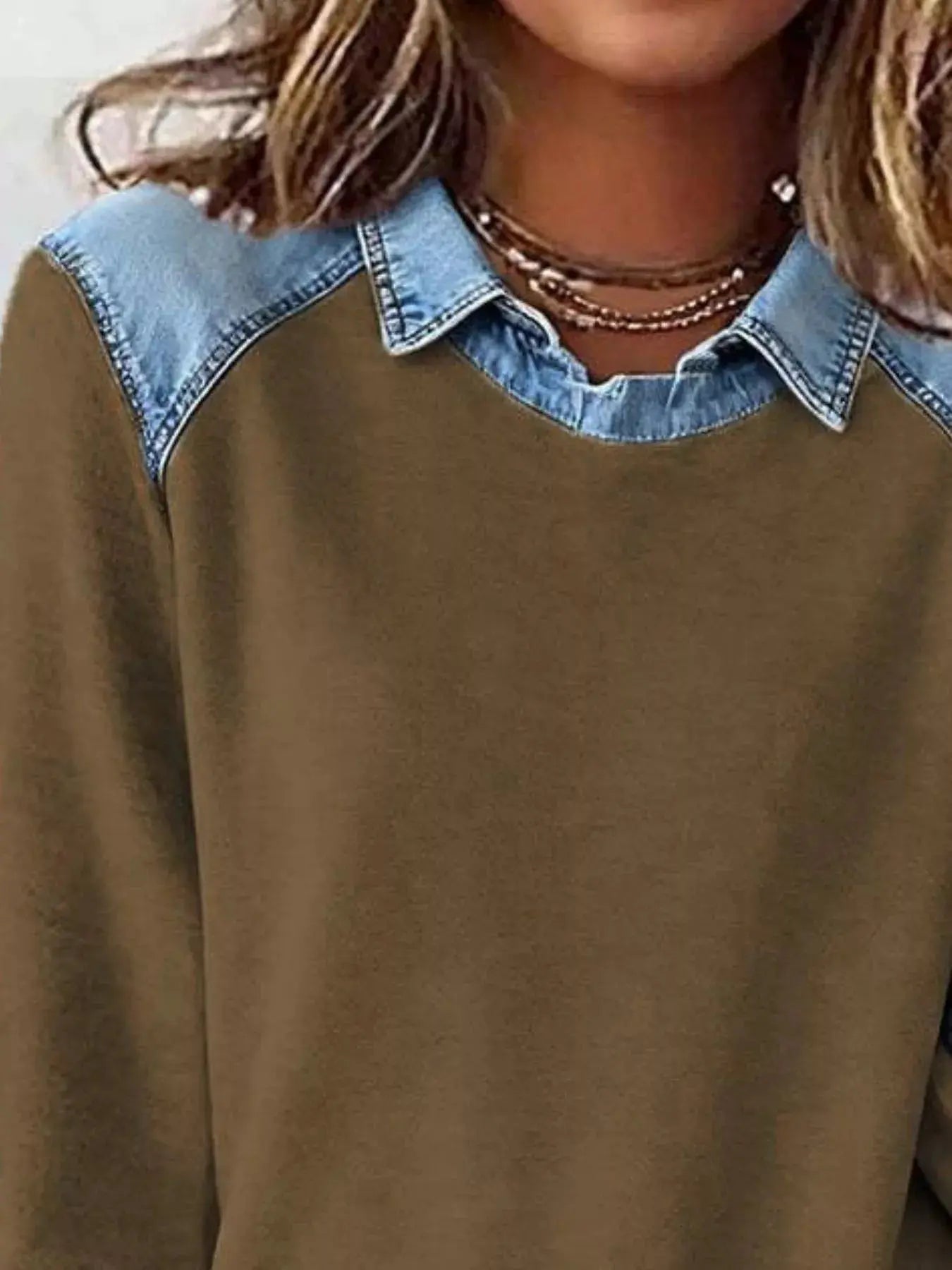Full Size Denim Trim Long Sleeve Top  Style Ratio