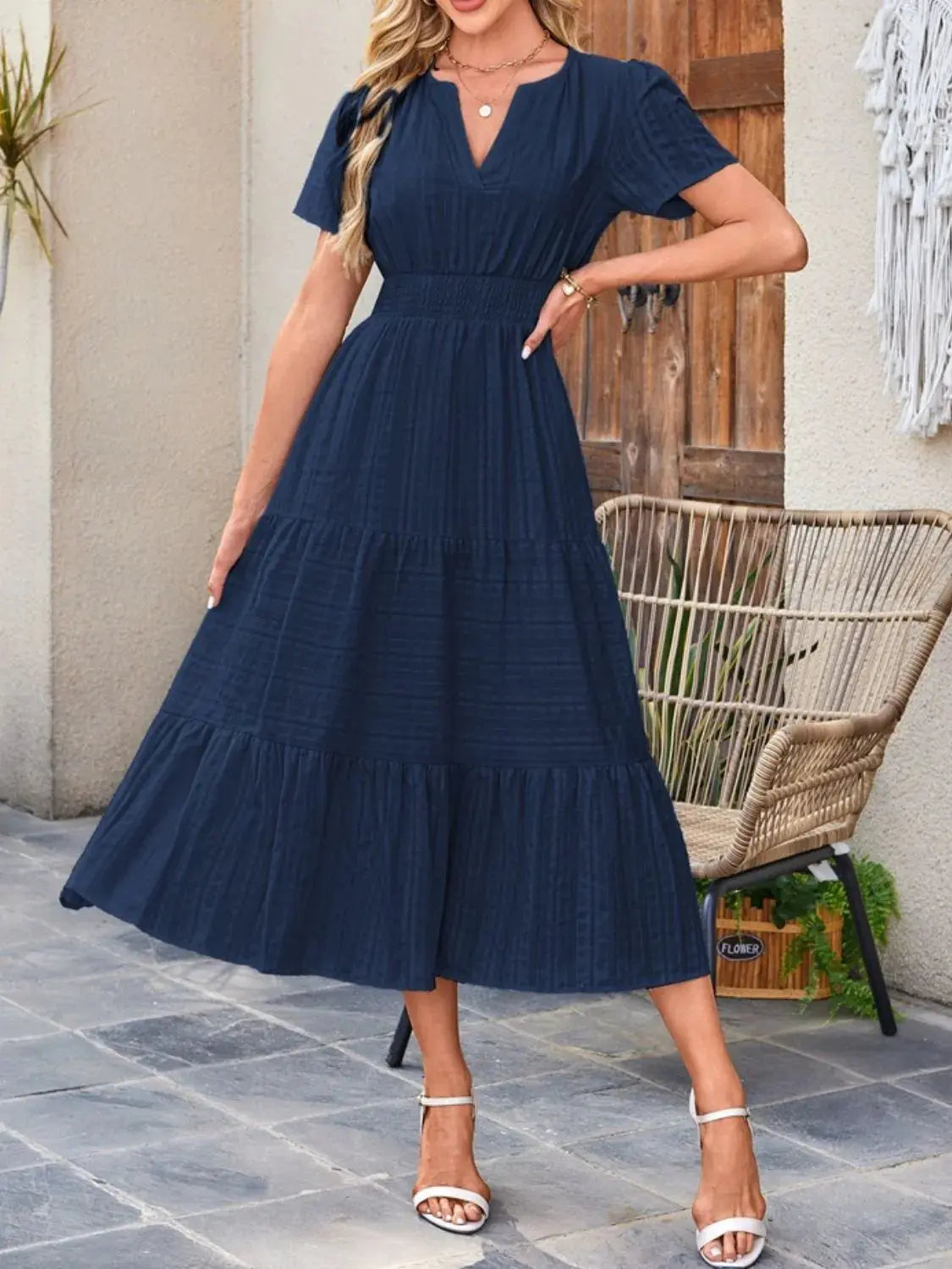 Tiered Notched Short Sleeve Dress  Style Ratio