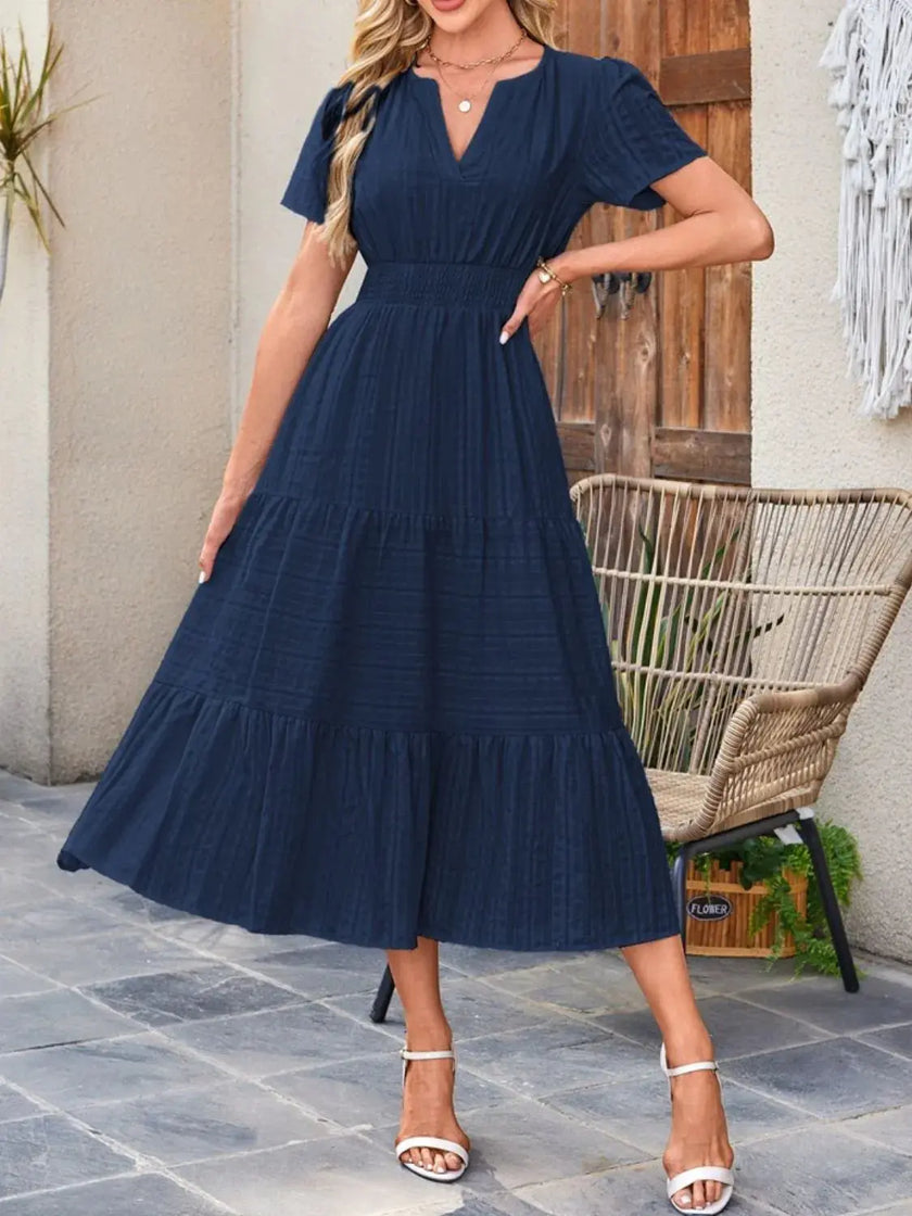 Tiered Notched Short Sleeve Dress  Style Ratio