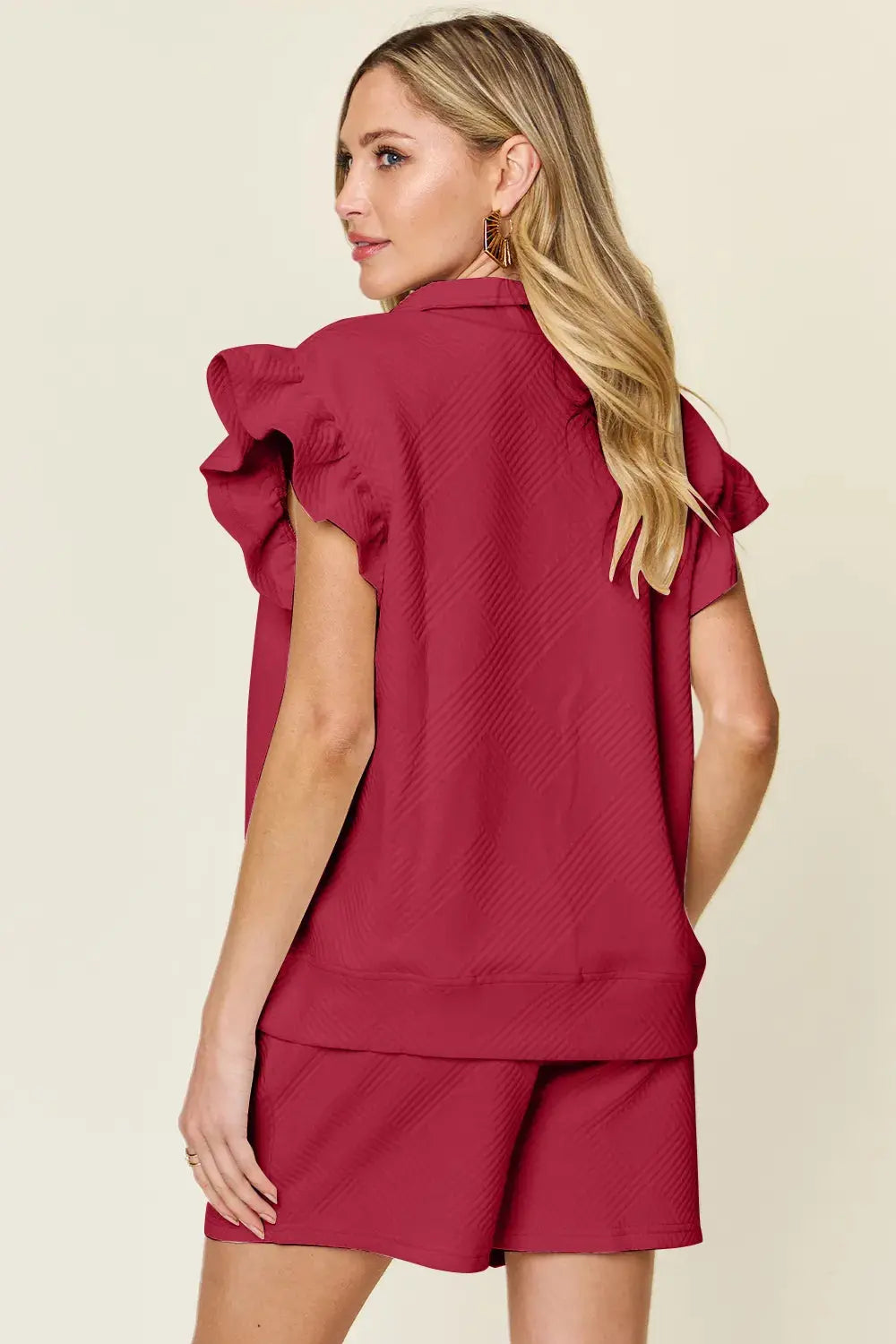 Double Take Texture Flounce Sleeve Top and Drawstring Shorts Set  Style Ratio
