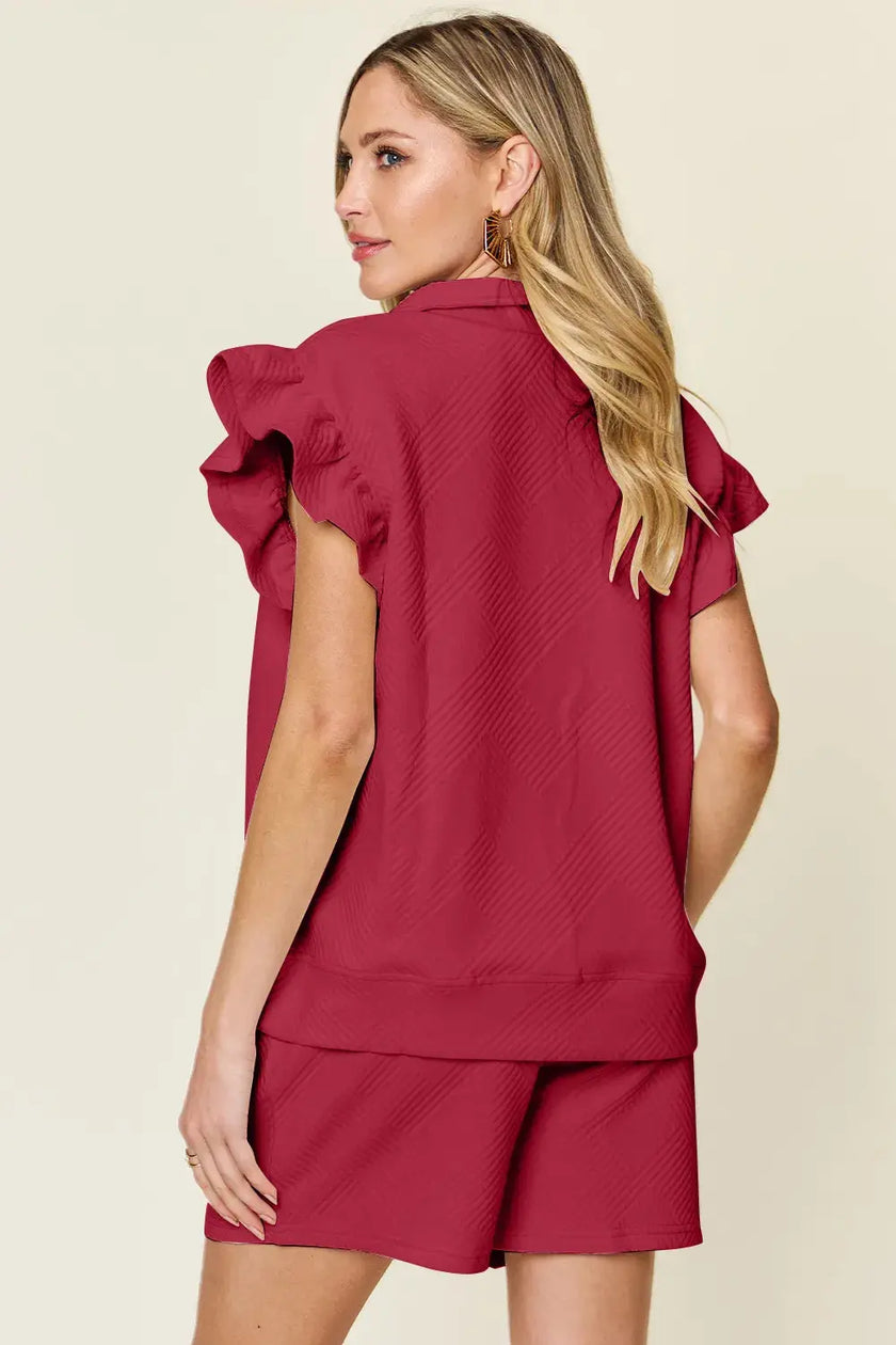 Double Take Texture Flounce Sleeve Top and Drawstring Shorts Set  Style Ratio