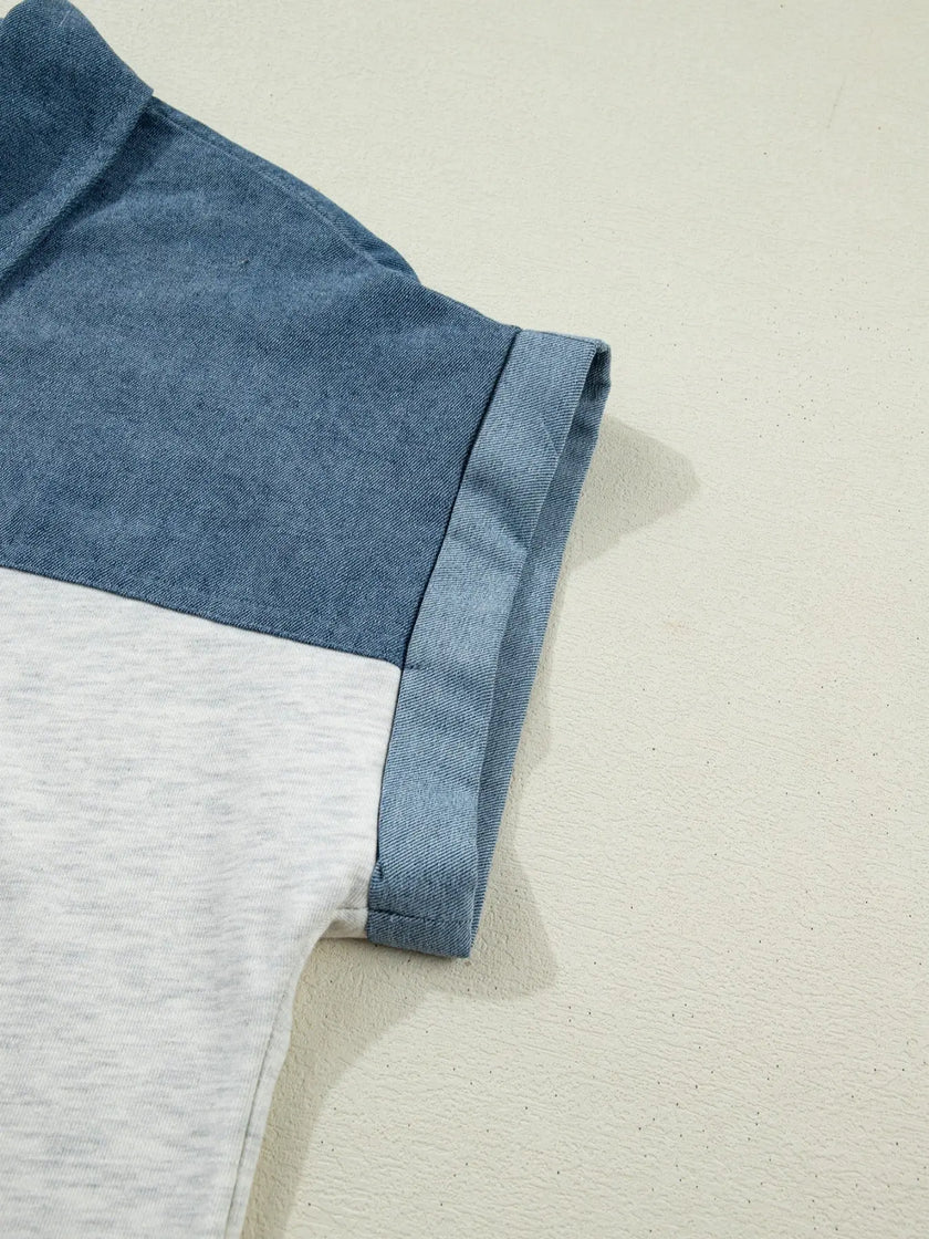 Color Block Denim Patchwork Button Polo Collar Short Sleeve Top  Style Ratio