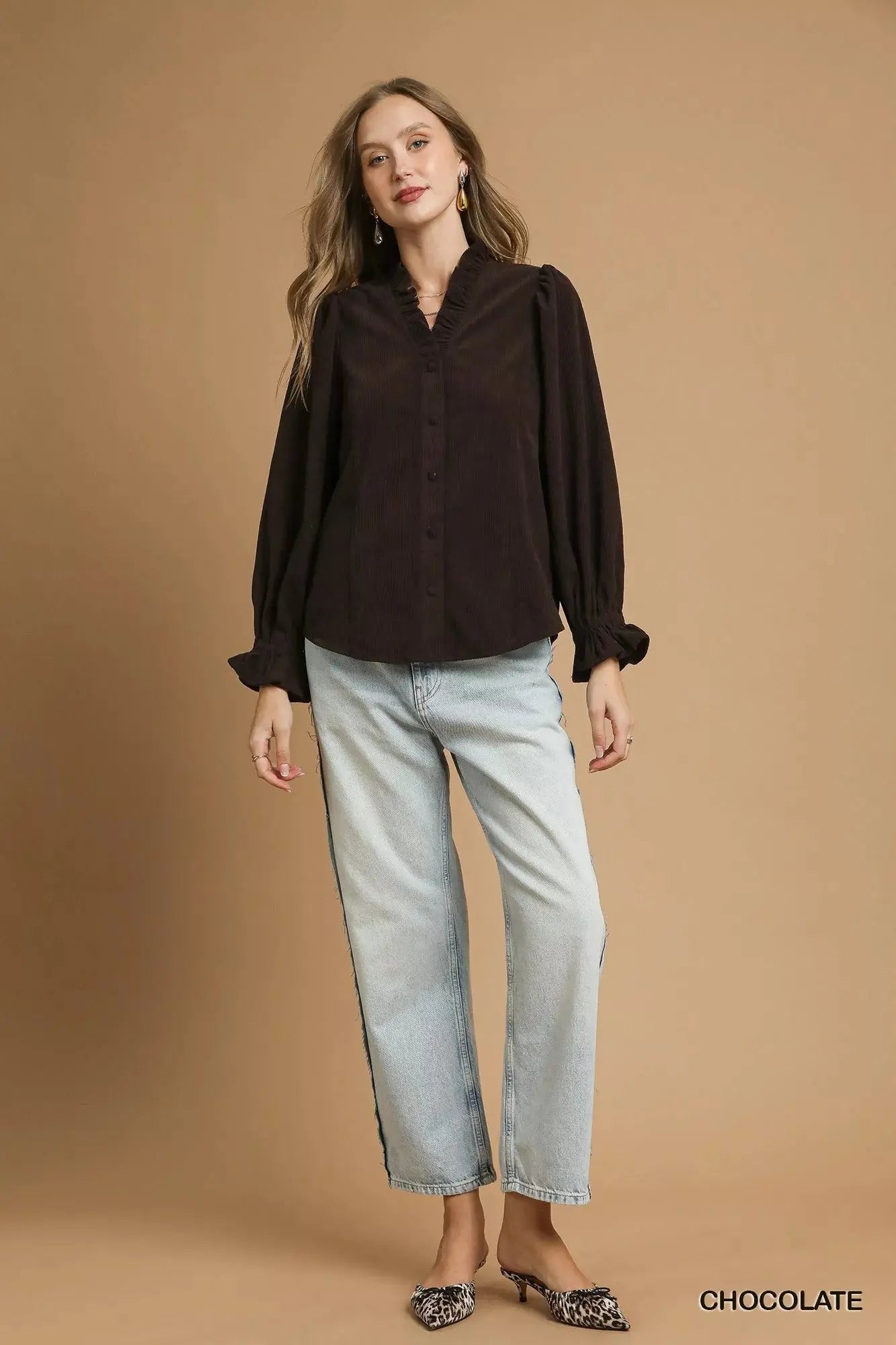 Umgee Corduroy Ruffle Shirt with Long Puff Sleeves  Style Ratio
