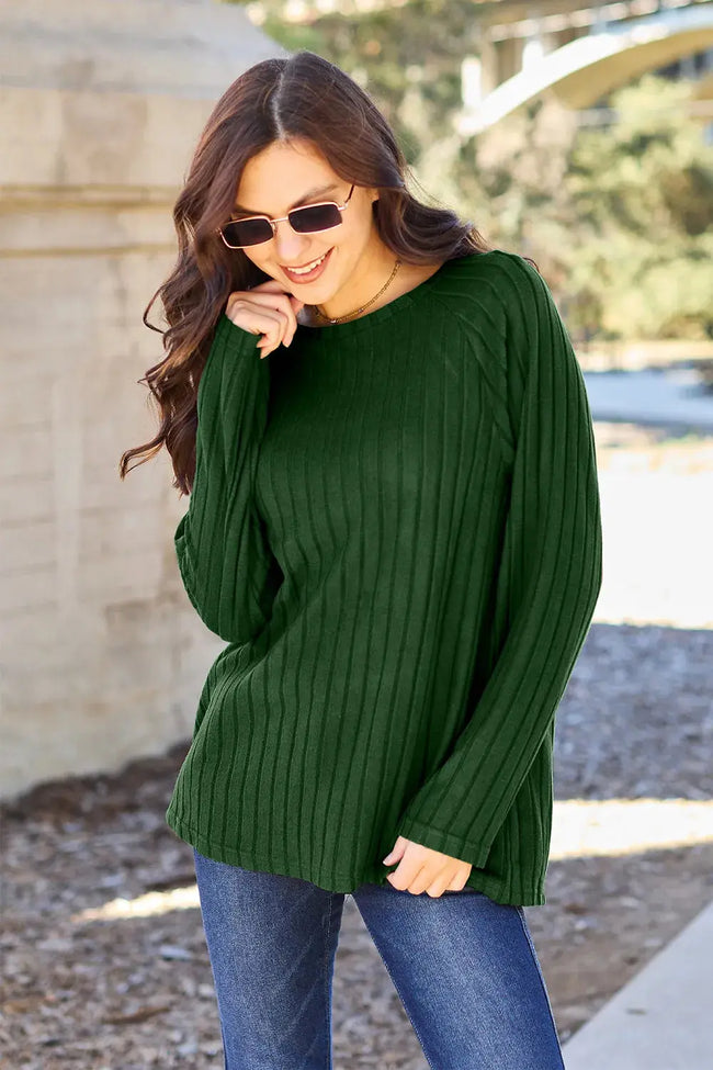 Basic Bae Full Size Ribbed Round Neck Long Sleeve Top  Style Ratio