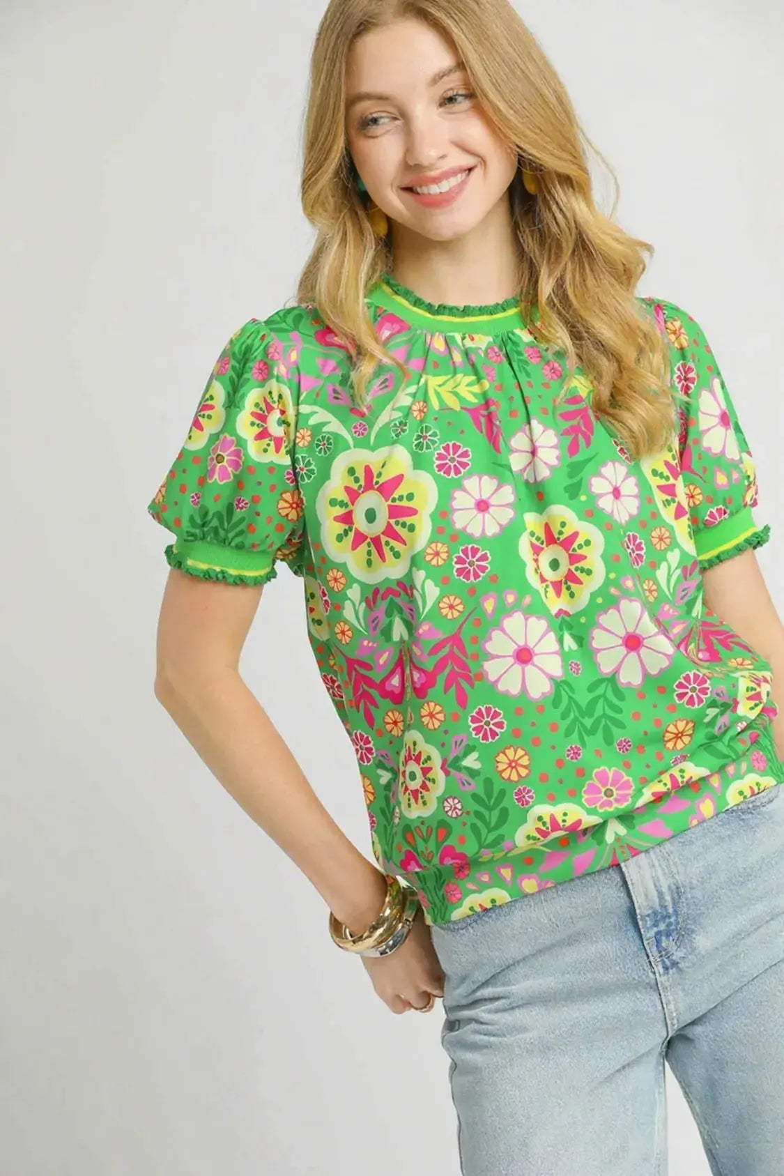 Umgee Retro Floral Puff Sleeve Blouse  Style Ratio