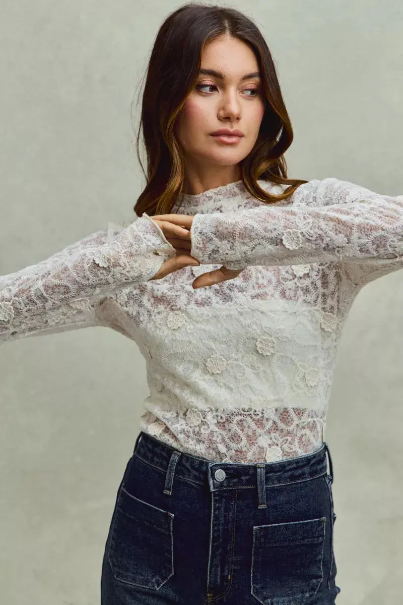 SO ME Lace 3d Effect Floral Layering Long Sleeve Top  Style Ratio