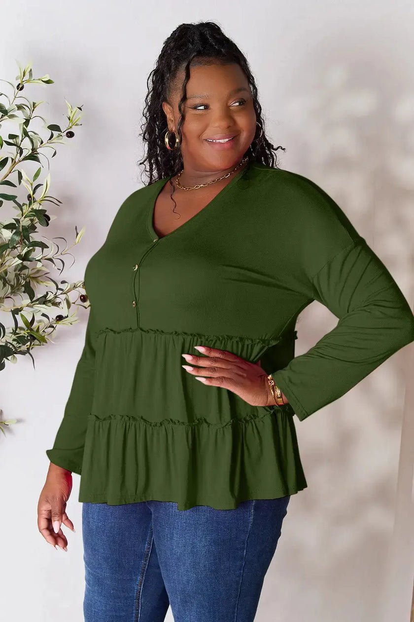 Double Take Half Button Long Sleeve Ruffle Hem Blouse  Style Ratio