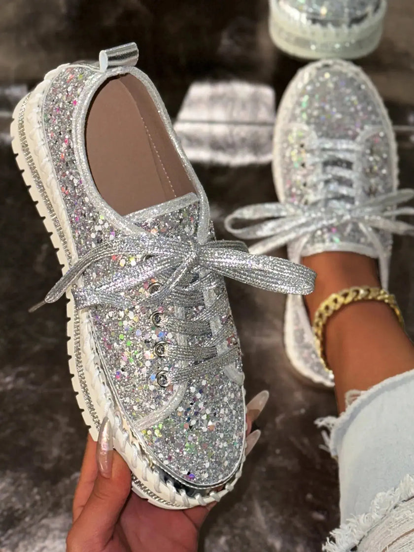 Lace Up Sequin Round Toe Platform Sneakers  Style Ratio