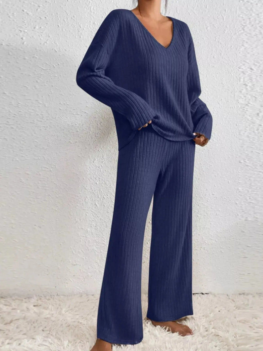 Ribbed V-Neck Top and Pants Loungewear  Style Ratio