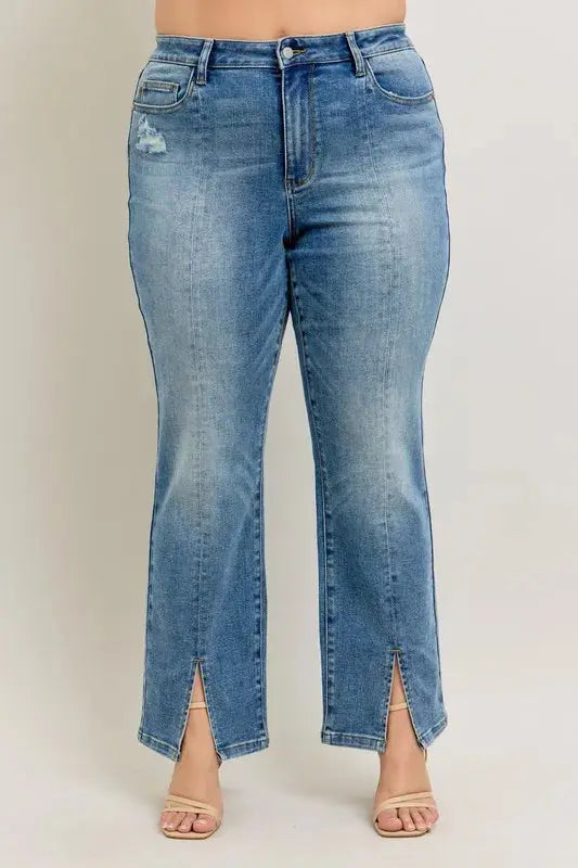 Judy Blue Full Size High Waist Vintage Wash Front Seam & Slit Straight Plus Size  Style Ratio