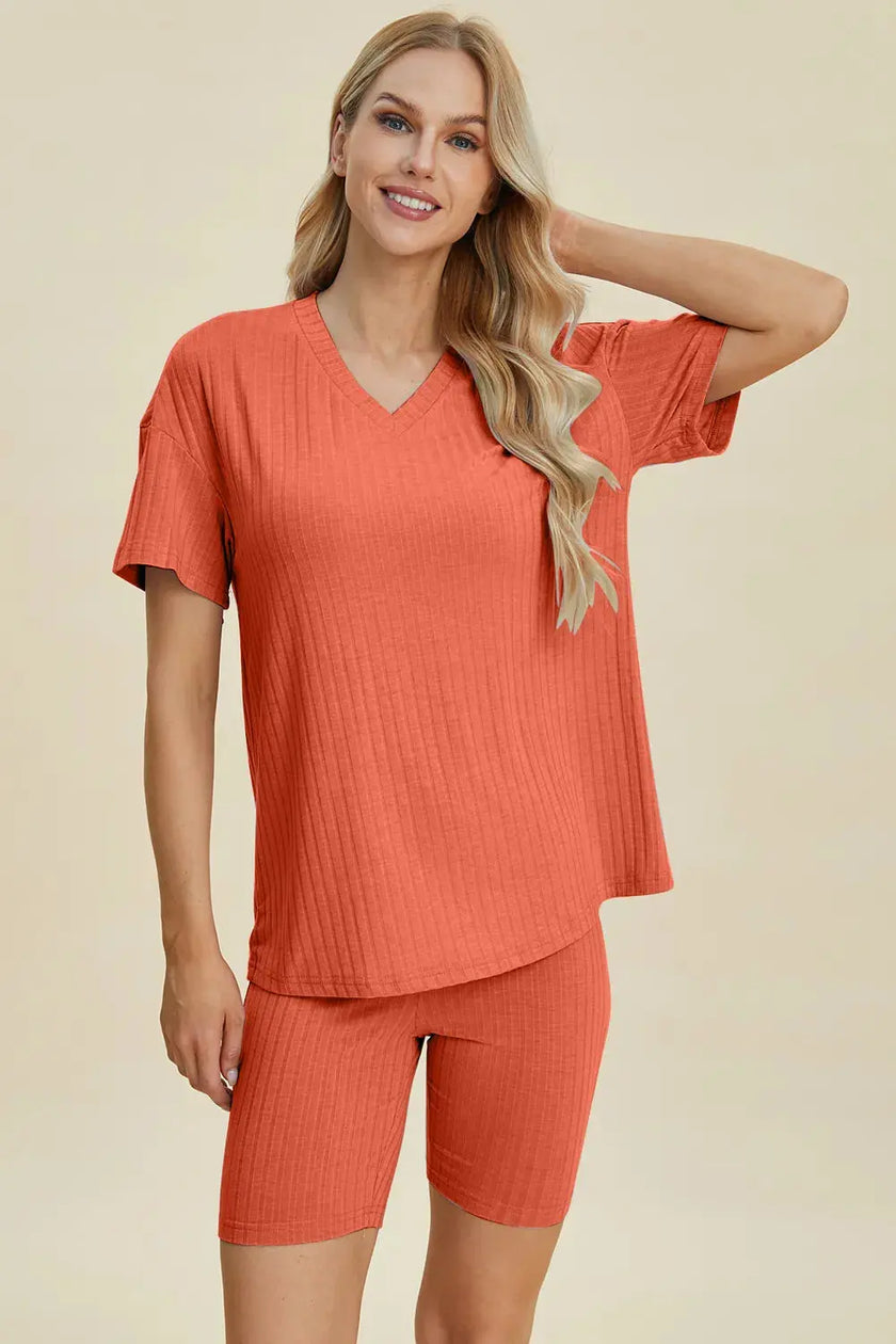 Basic Bae Full Size Ribbed V-Neck Short Sleeve Top and Shorts Loungewear  Style Ratio