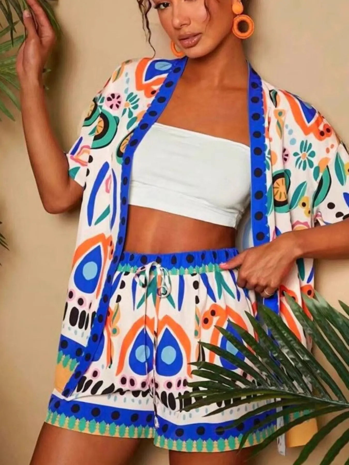 Printed Open Front Cardigan and Shorts Set  Style Ratio