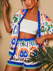 Printed Open Front Cardigan and Shorts Set  Style Ratio