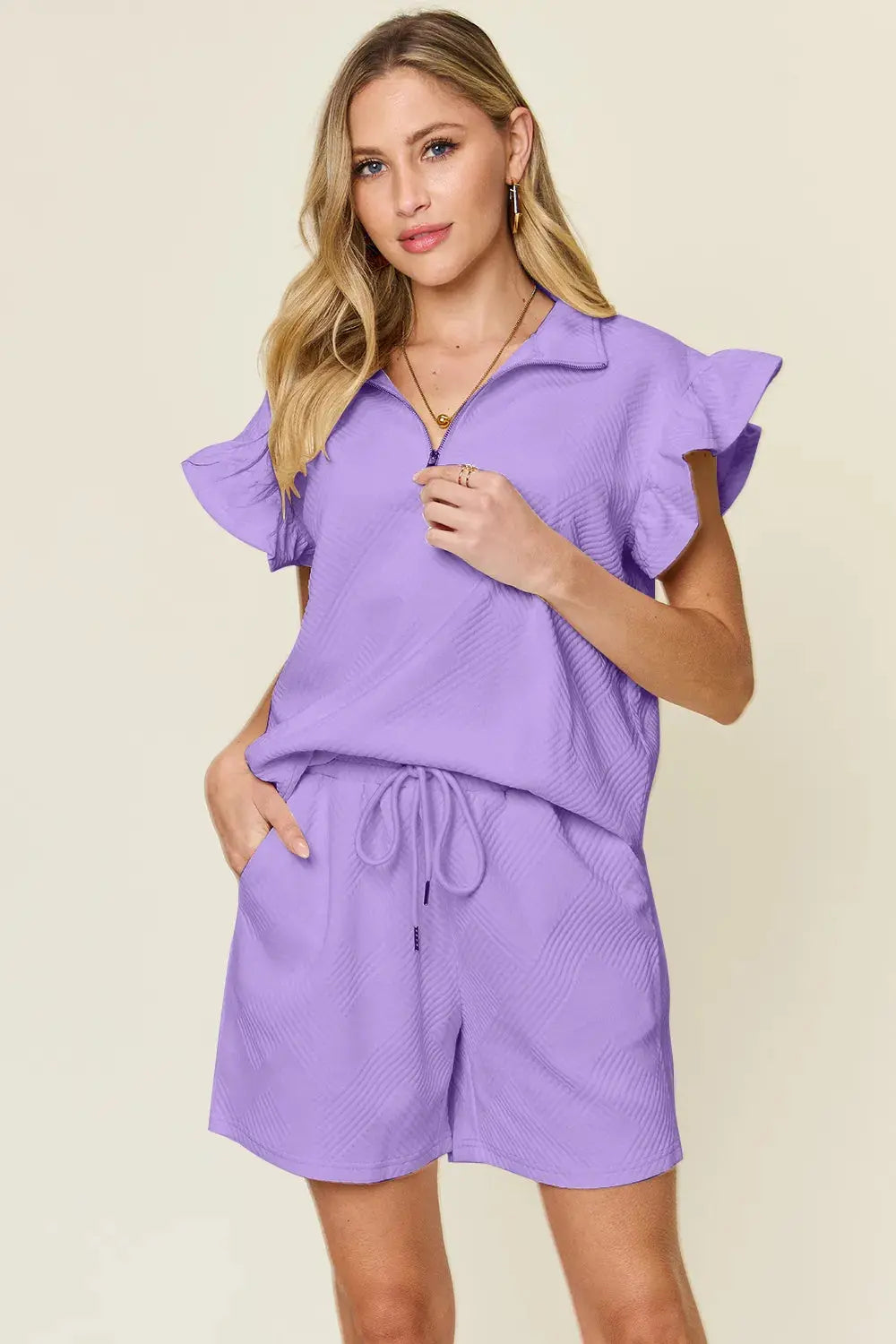 Double Take Texture Flounce Sleeve Top and Drawstring Shorts Set  Style Ratio