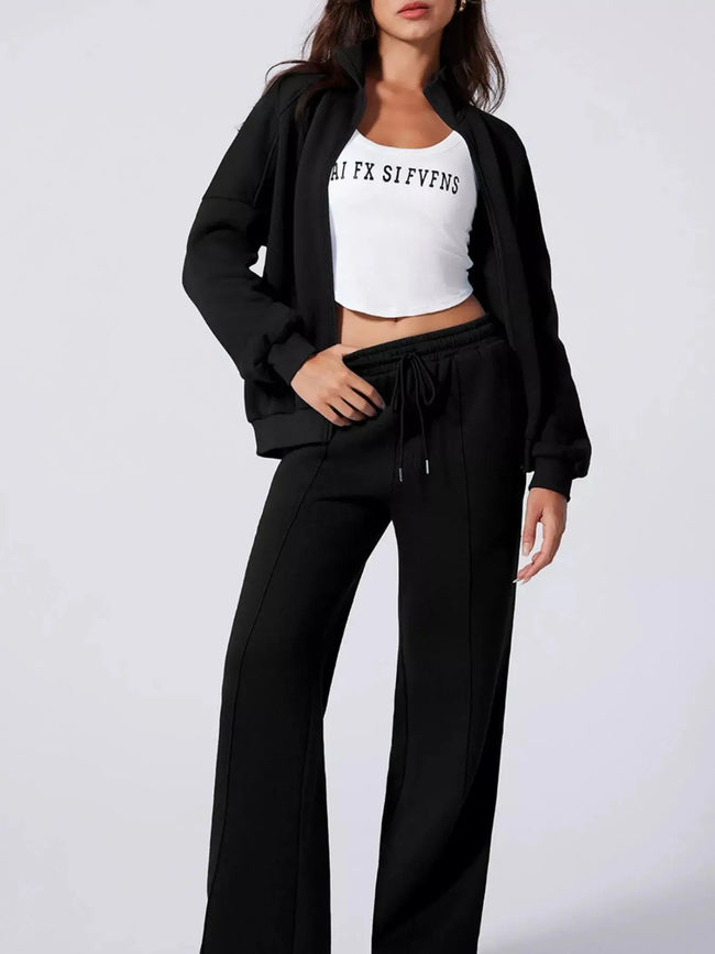 Drop Shoulder Zip Up Jacket and Drawstring Pants Active 2pcs Set  Style Ratio