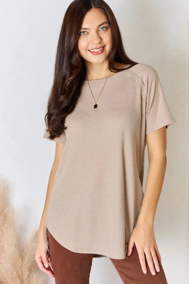 Zenana Baby Waffle Short Sleeve Slit High Low Short Sleeve Shirt  Style Ratio