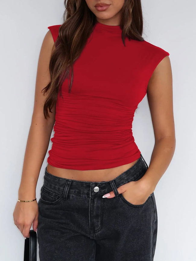 Ruched Mock Neck Sleeveless Tank Top  Style Ratio