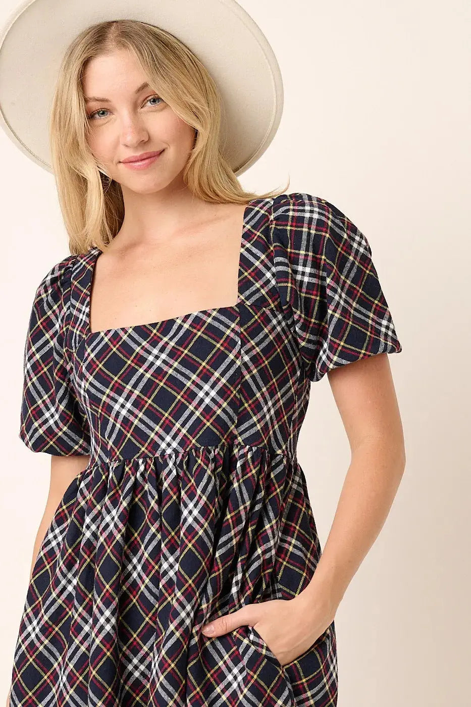 Mittoshop Checkered Print Puff Sleeve Babydoll Mini Dress  Style Ratio