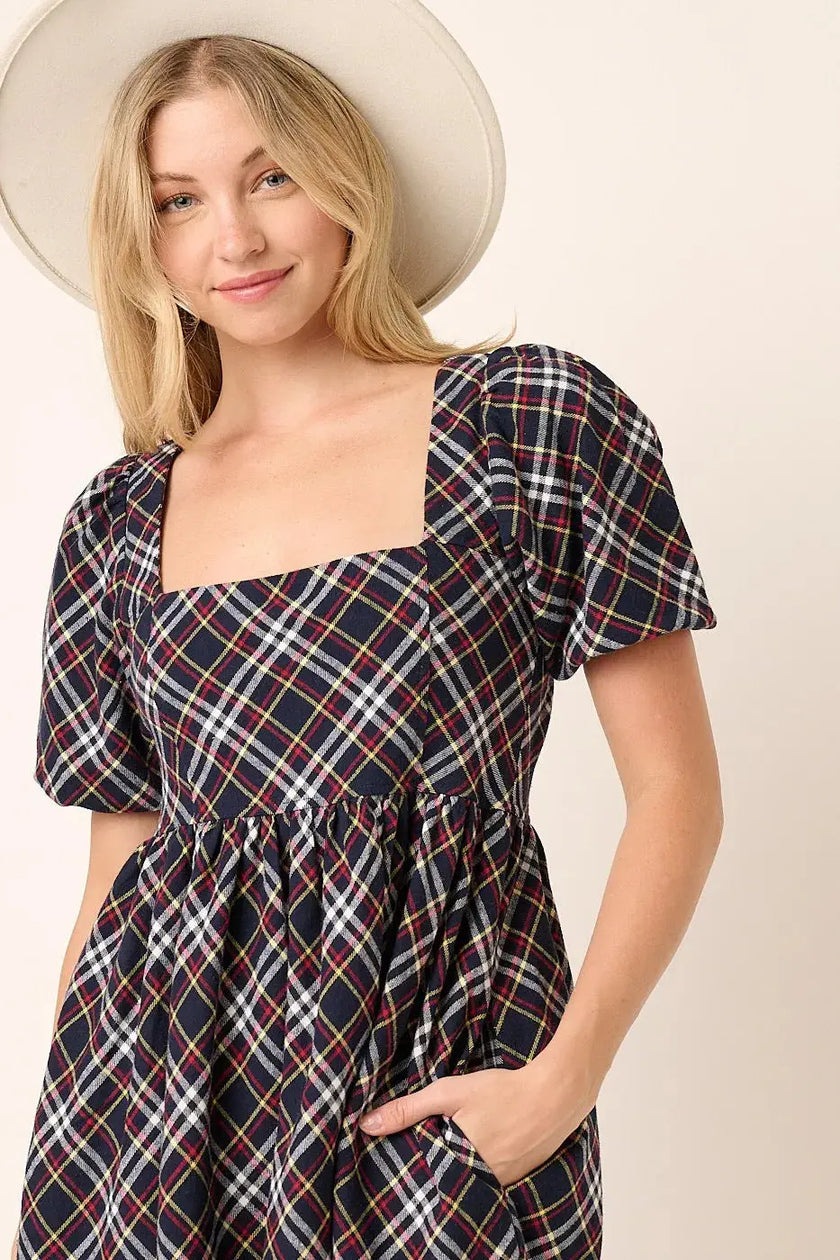 Mittoshop Checkered Print Puff Sleeve Babydoll Mini Dress  Style Ratio