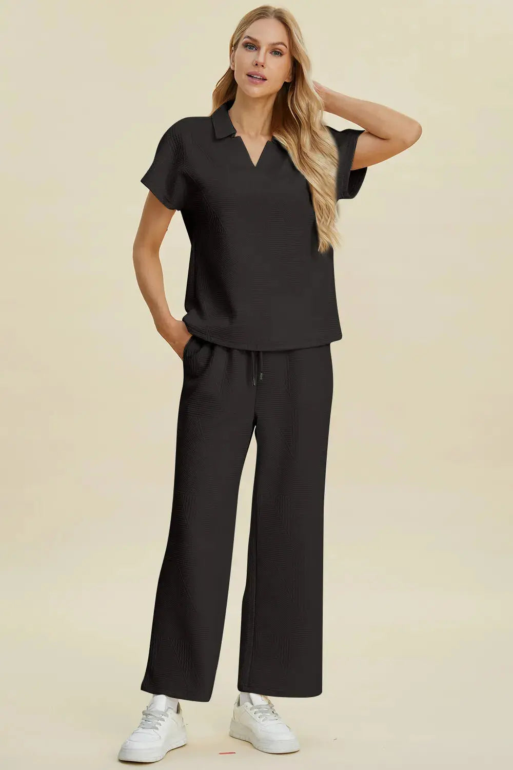 Double Take Collared Neck Short Sleeve Top and Pants Set  Style Ratio