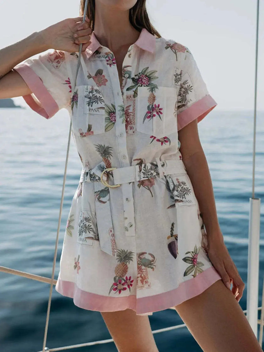 Printed Short Sleeve Romper with Belt  Style Ratio