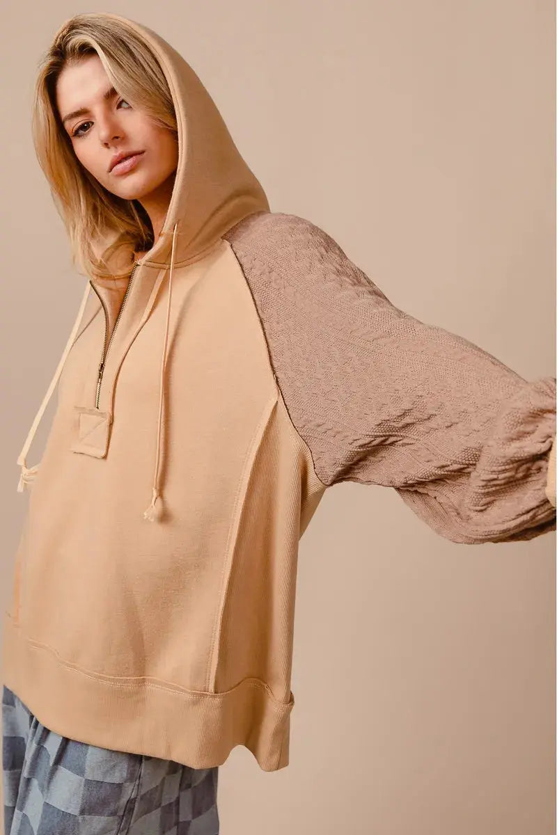 BiBi Half Zip French Terry Hoodie with Kint Sleeves  Style Ratio