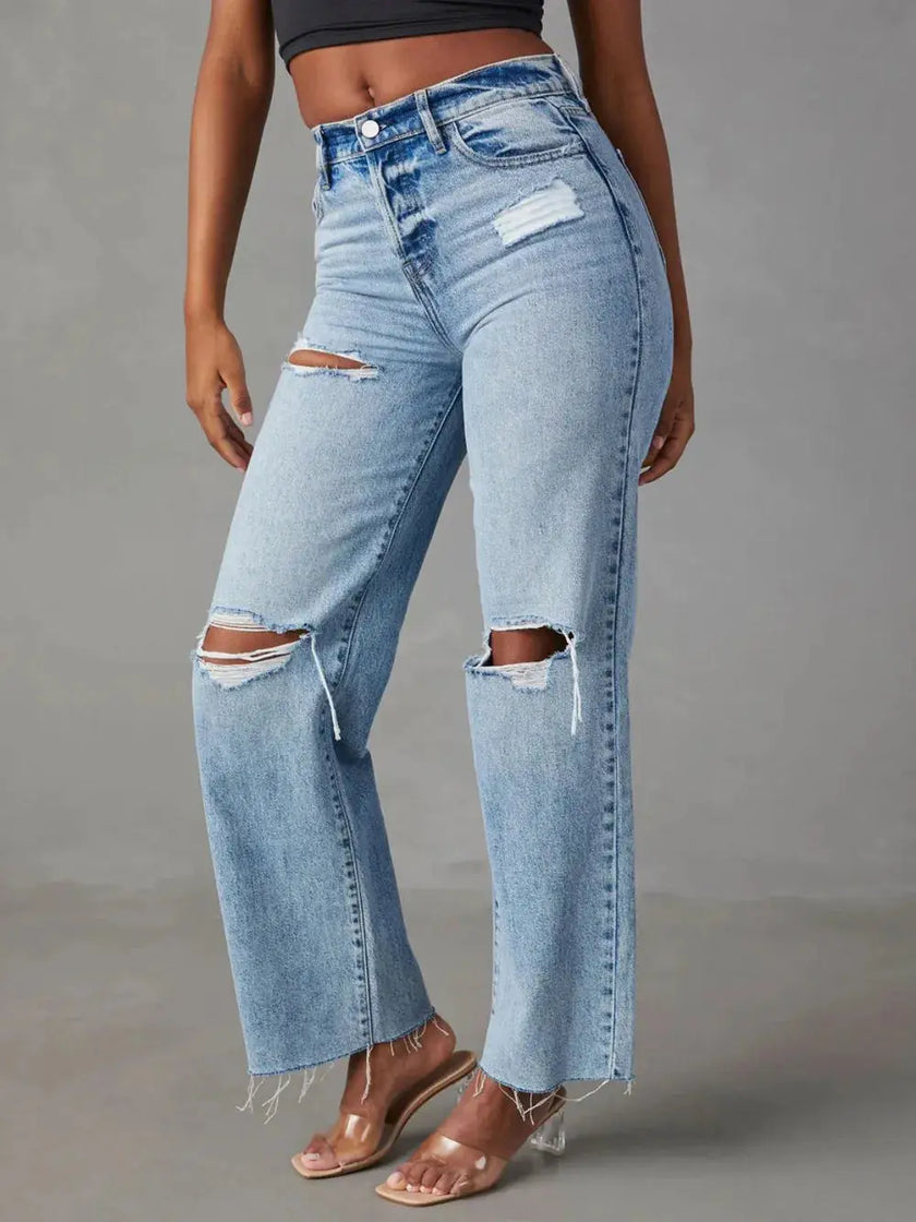 Distressed Straight Leg Jeans with Pockets  Style Ratio