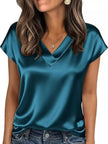 Satin V-Neck Short Sleeve Blouse  Style Ratio
