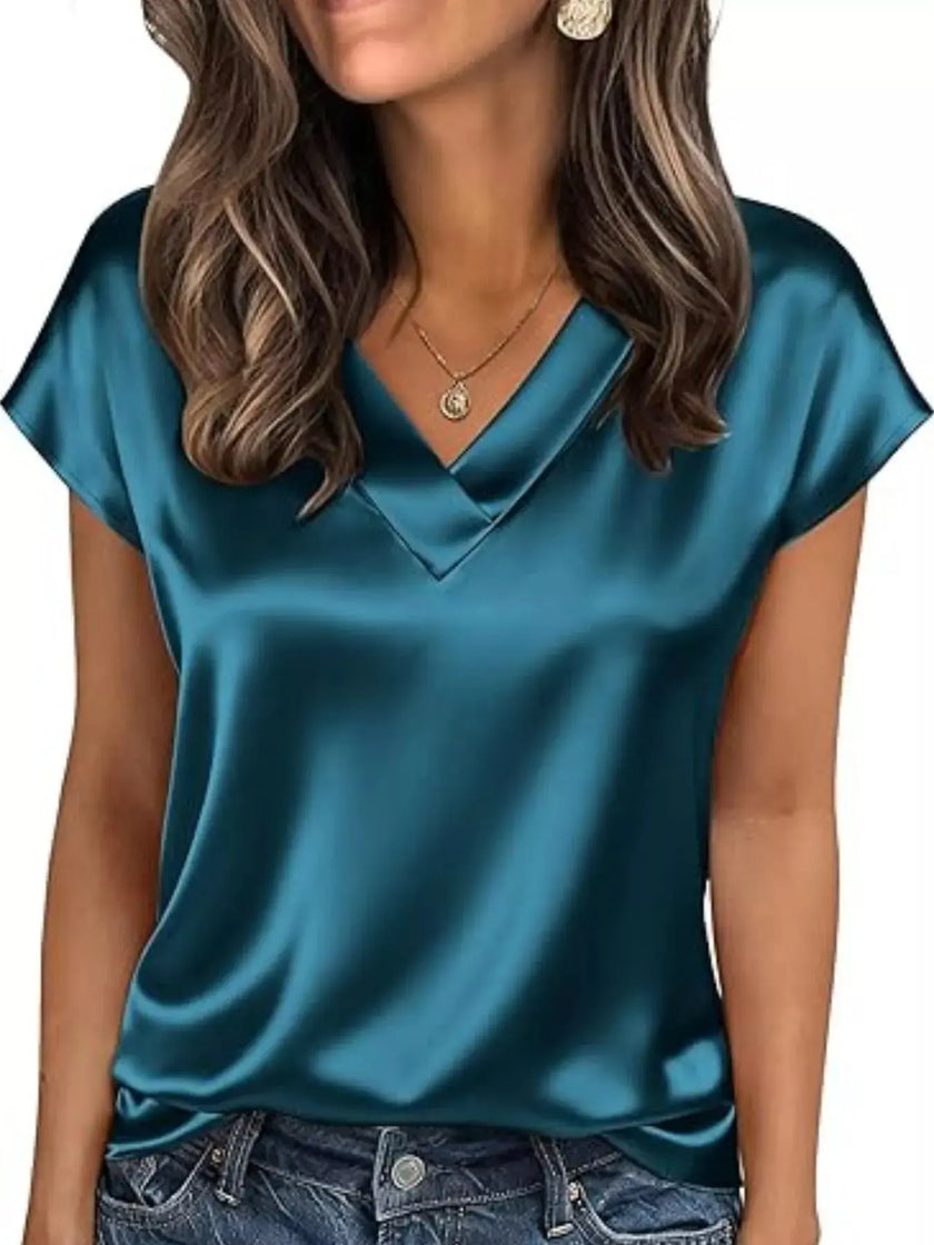 Satin V-Neck Short Sleeve Blouse  Style Ratio