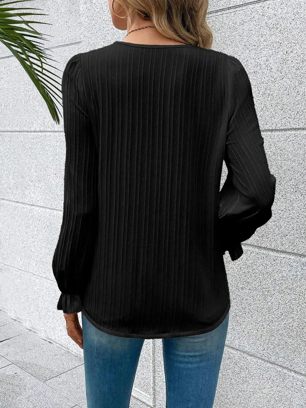 V-Neck Lace Detail Flounce Sleeve Blouse  Style Ratio