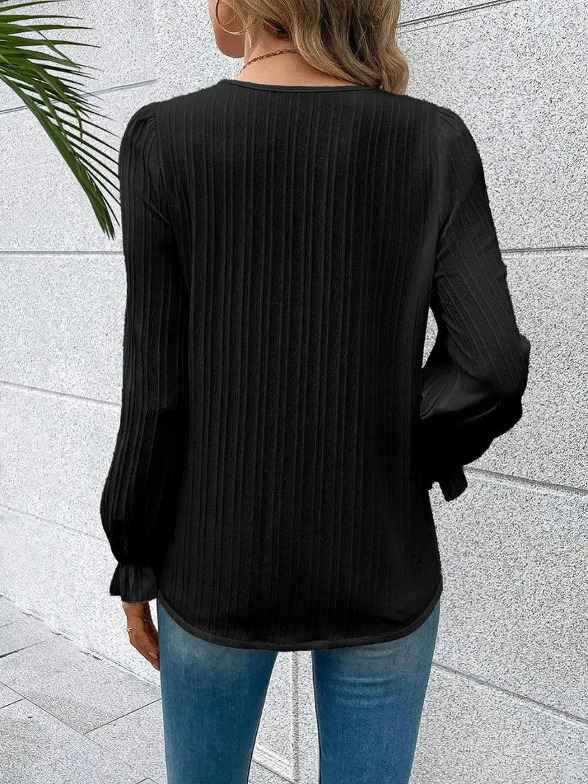 V-Neck Lace Detail Flounce Sleeve Blouse  Style Ratio