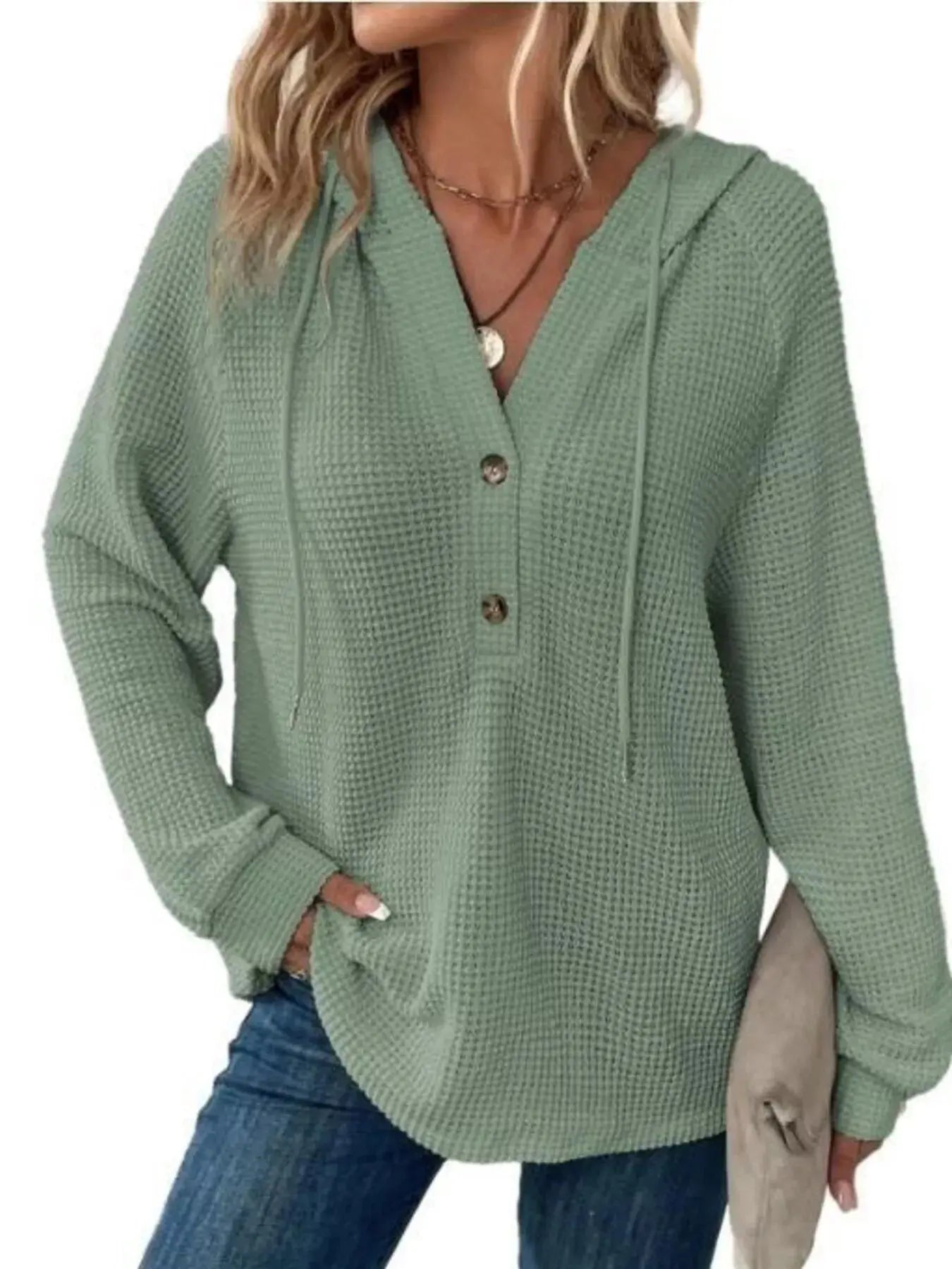 Full Size Button Detail Waffle Knit Hoodie  Style Ratio