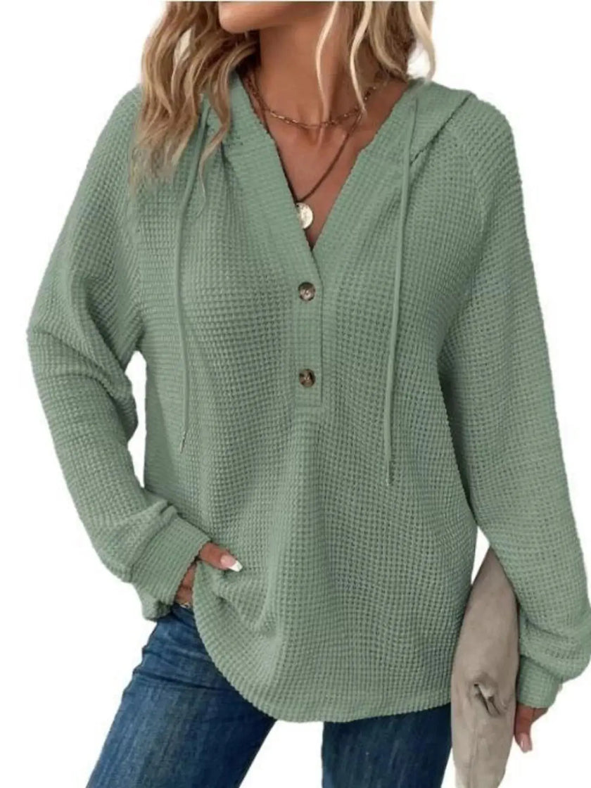 Full Size Button Detail Waffle Knit Hoodie  Style Ratio
