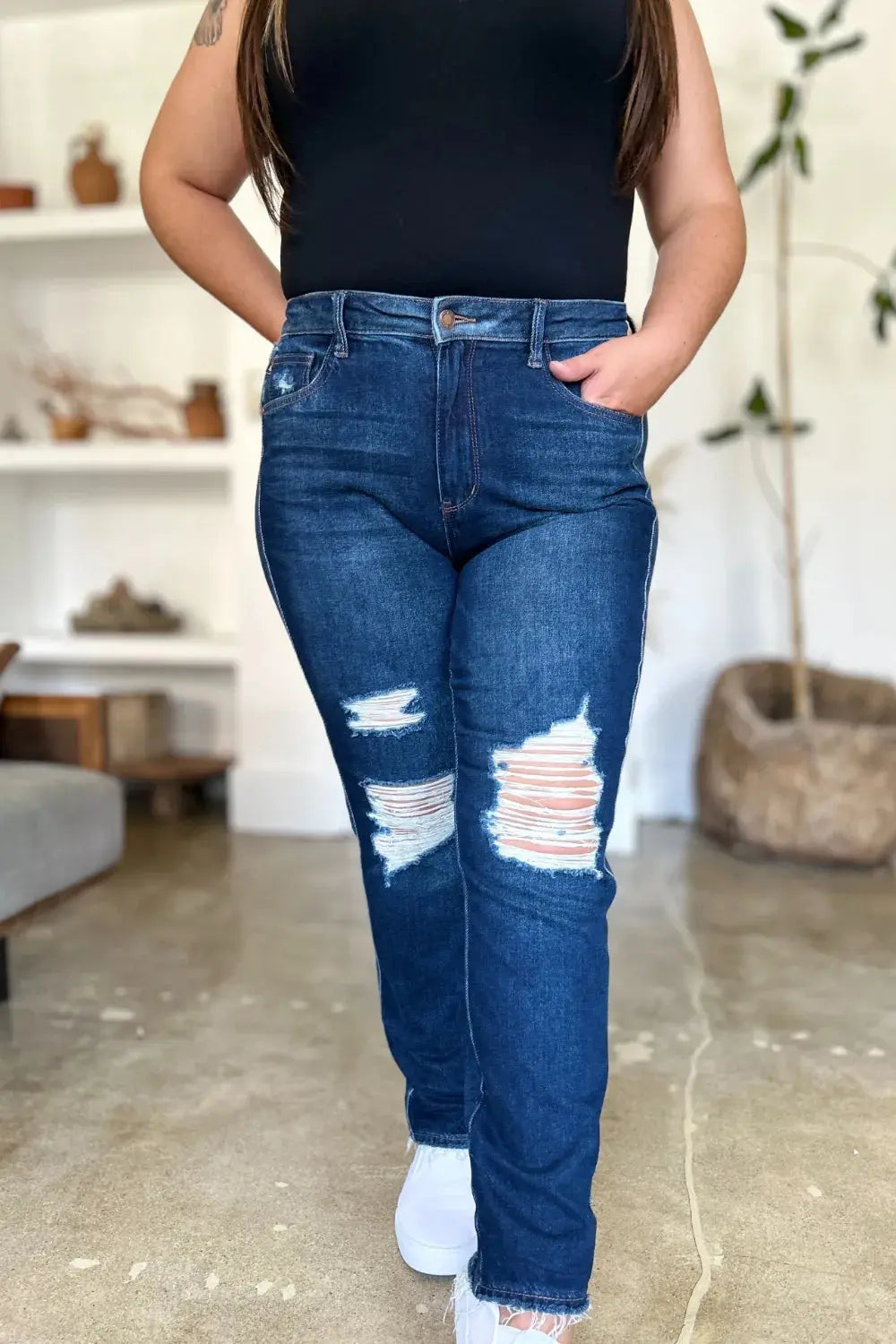Judy Blue High Waist Rigid Magic Heavy Destroy Straight Jeans  Style Ratio