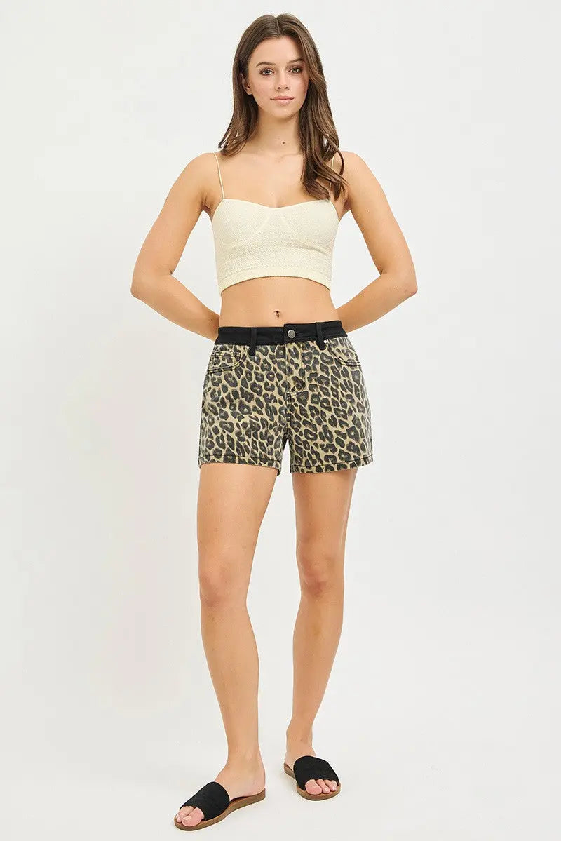 RISEN High Rise Leopard Shorts with Contrast Waistband  Style Ratio