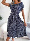 Floral Print Pleated Midi Dress with Belt  Style Ratio