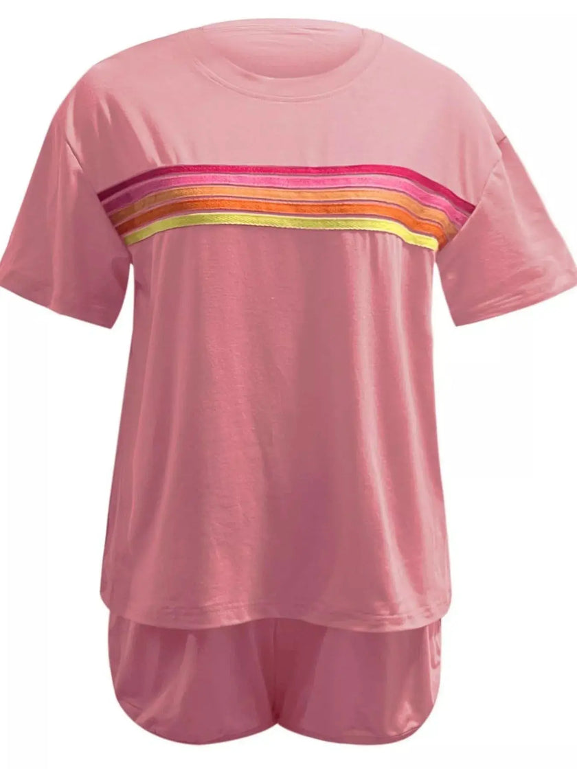 Rainbow Striped Round Neck Top and Shorts Set  Style Ratio