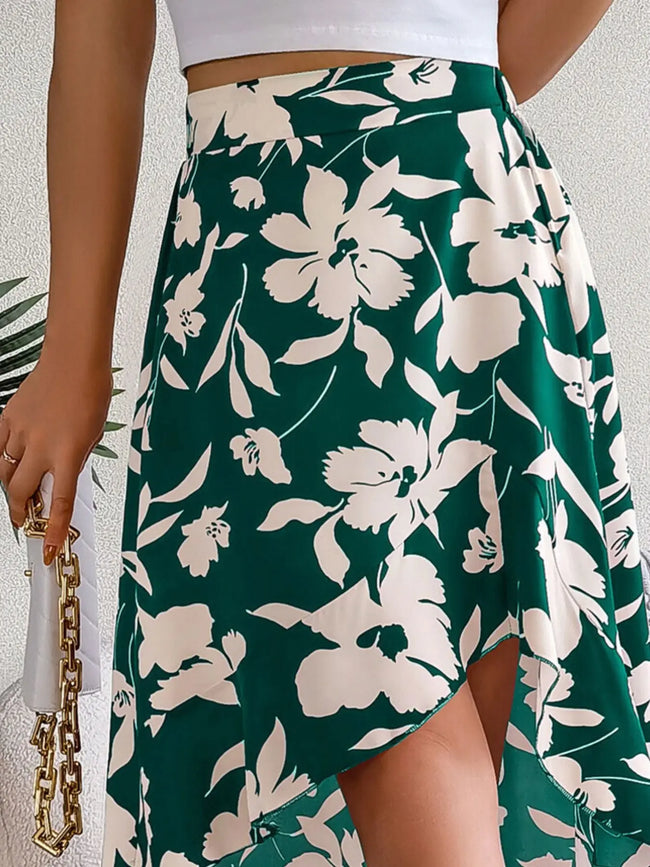 Floral Print Ruffle Hem Asymmetrical Skirt  Style Ratio