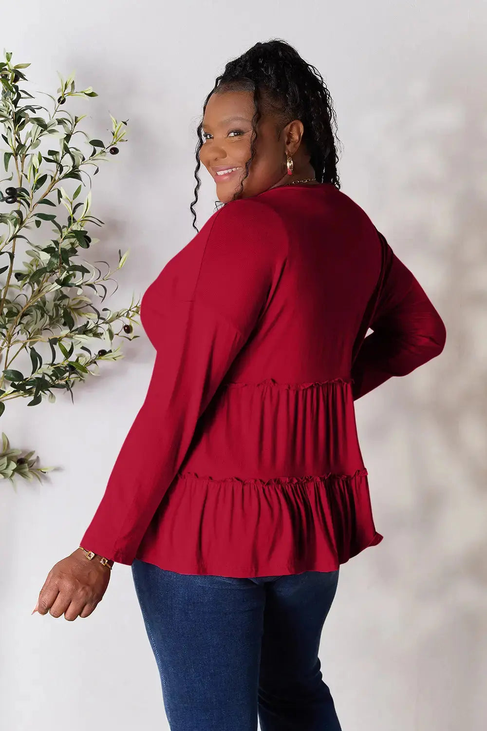 Double Take Half Button Long Sleeve Ruffle Hem Blouse  Style Ratio