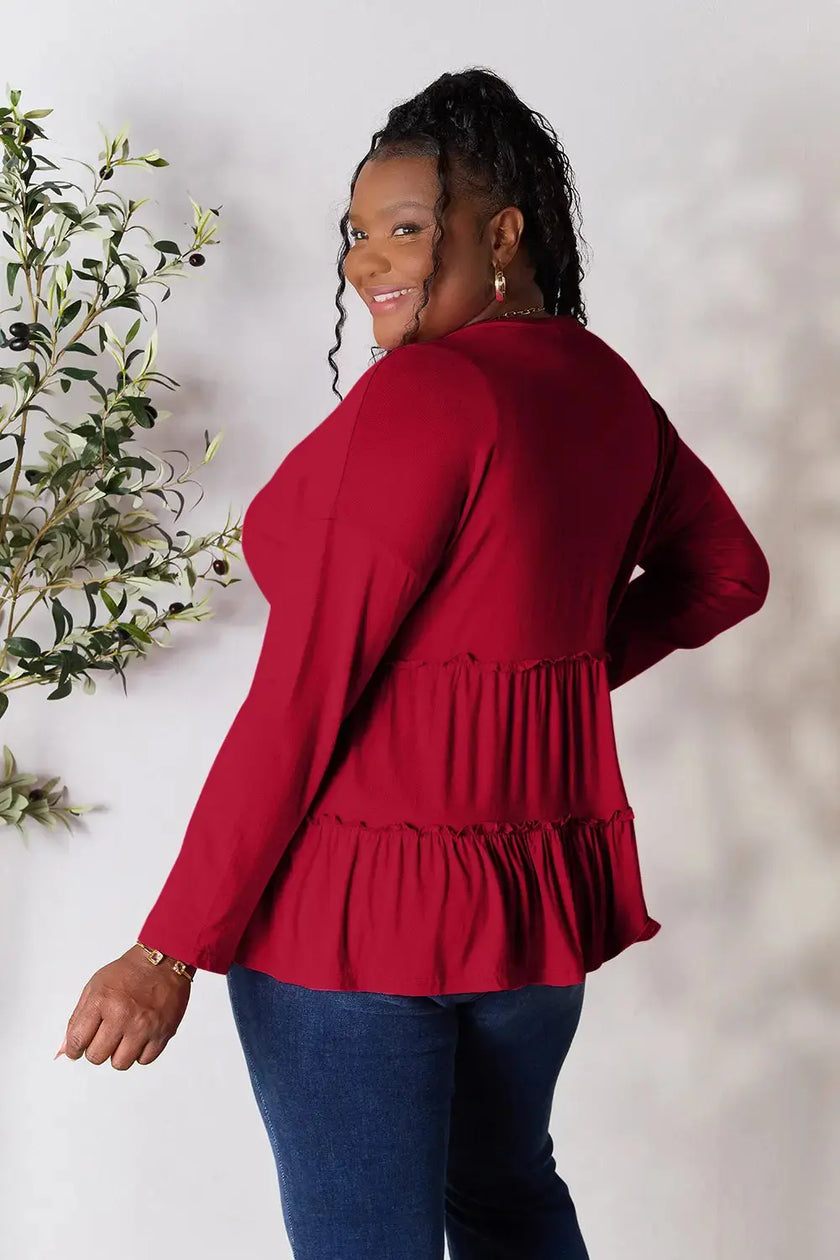 Double Take Half Button Long Sleeve Ruffle Hem Blouse  Style Ratio