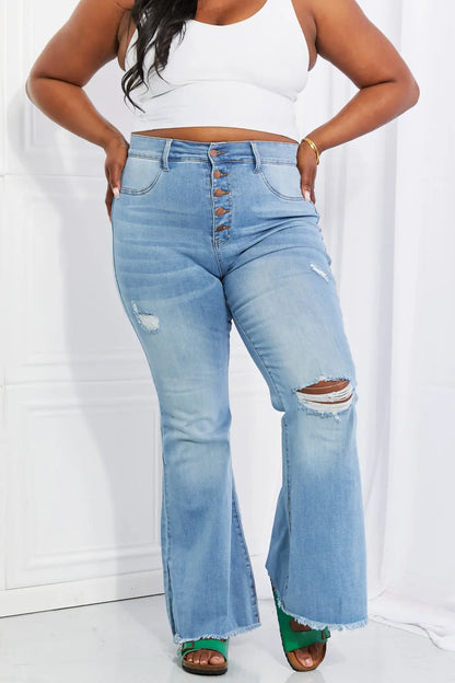 Vibrant MIU High Rise Button Flare Jeans Trendsi