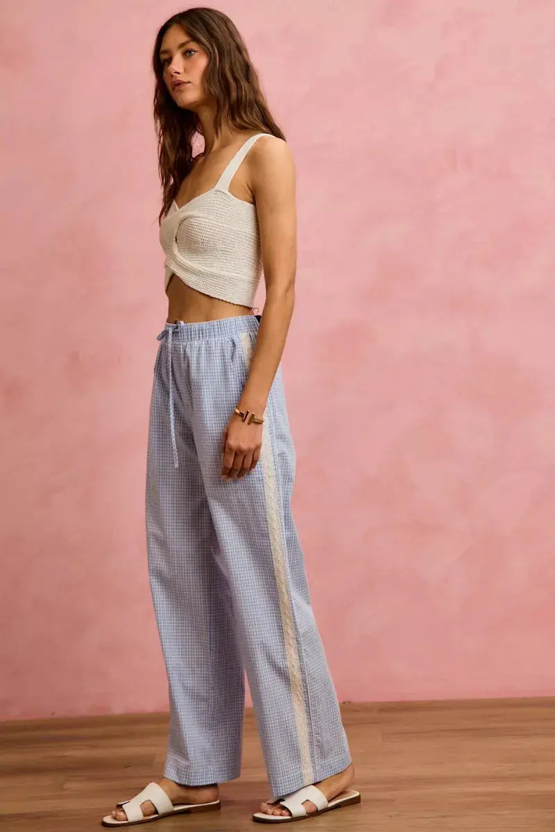 SO ME Wide Check  Pants With Side Lace Trim And Piping  Style Ratio