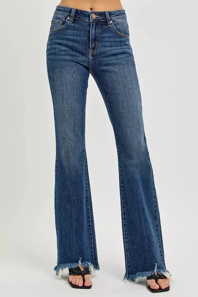 RISEN Full Size Mid Rise Flare Frayed Hem Jeans  Style Ratio