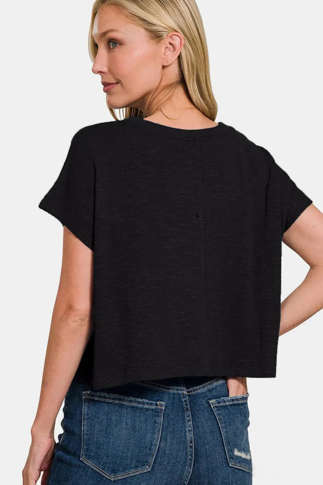 Zenana Round Neck Short Sleeve Crop Short Sleeve Shirt  Style Ratio