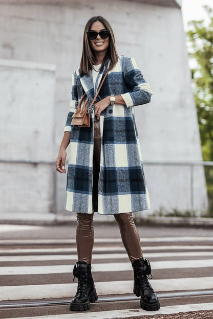 Double Take Plaid Button Up Lapel Collar Coat Trendsi