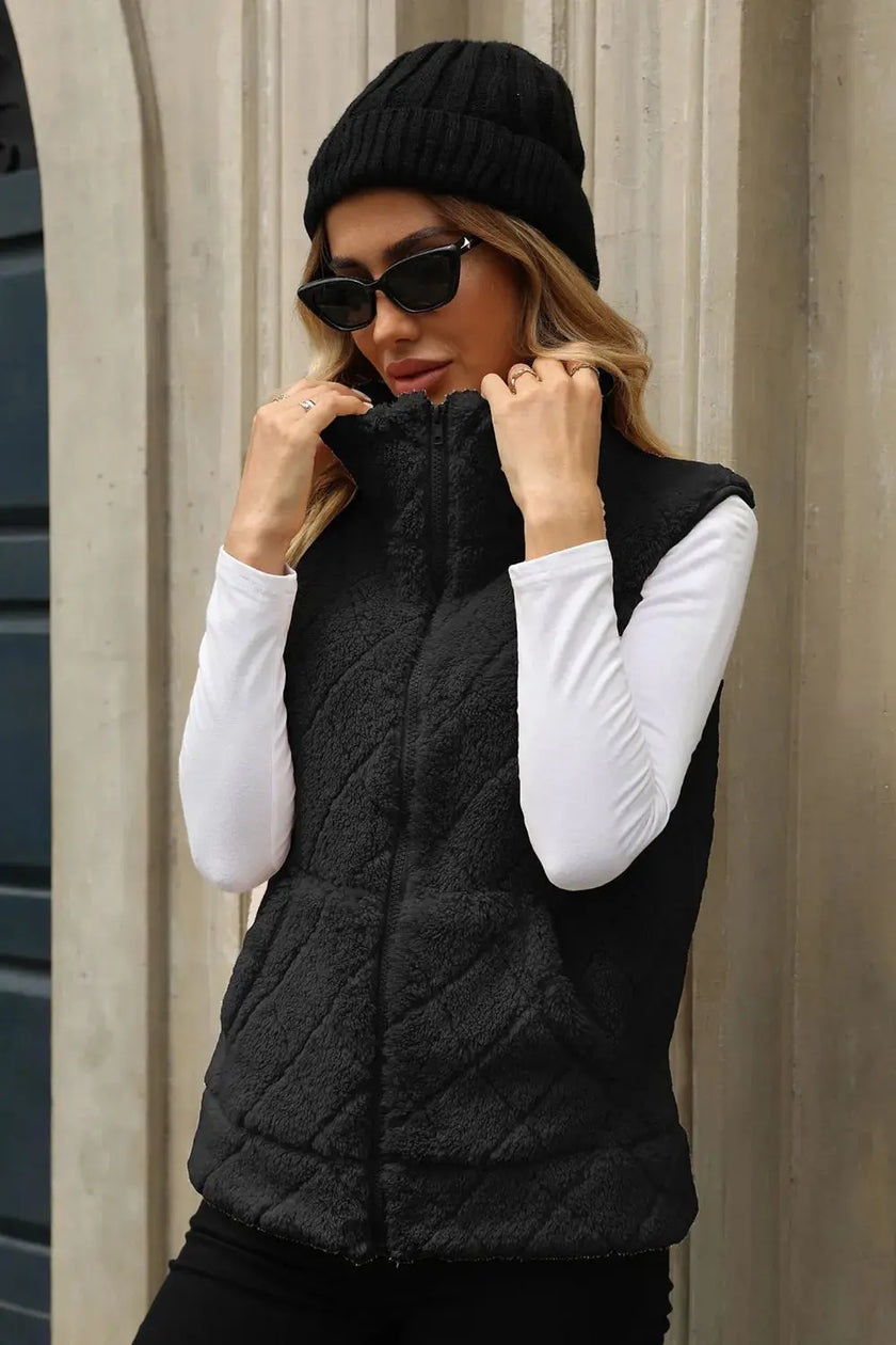 Fuzzy Plaid Texture Zip Up Vest Coat  Style Ratio